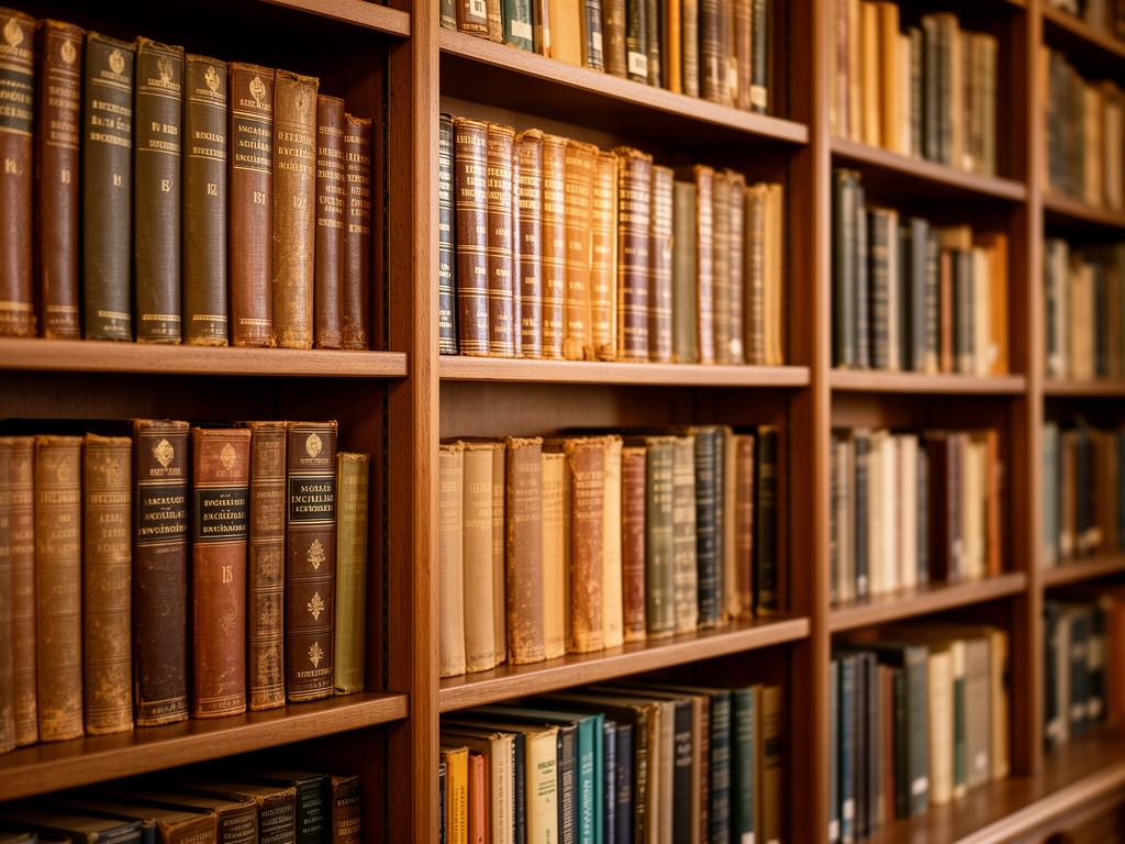 Visoka polica sa knjigama u toplom osvetljenju biblioteke, stare enciklopedije i naucne publikacije uredno poredane, atmosfera znanja i istrazivanja