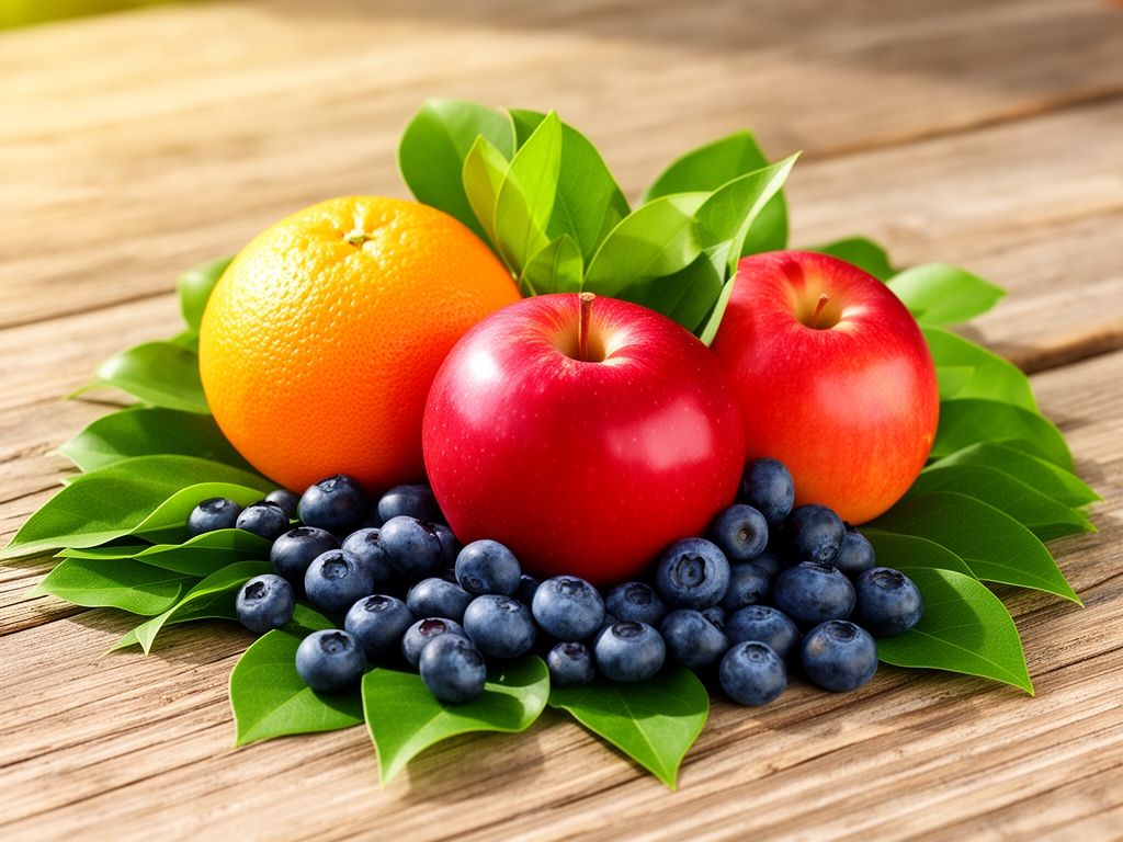 Sveze voce i bobicasto povrce na suncanom drvenom stolu, narandze, jabuke i borovnice okruzene zelenim liscem, simbolizuju prirodnu vitalnost