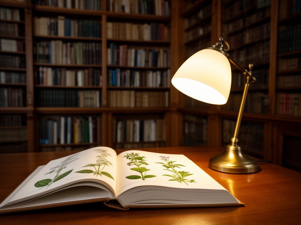 Starinska biblioteka sa visokim drvenim policama punim knjiga, mekana stolna lampa baca toplu svetlost na otvorenu knjigu sa ilustracijama biljaka