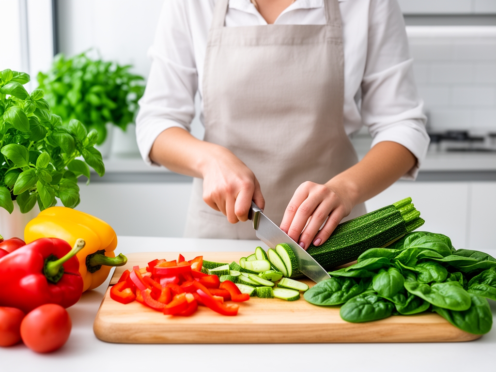 Osoba priprema zdravu hranu u svetloj modernoj kuhinji, sece sveze povrce — paprika, tikvice i spanac — na dasci za seckanje, zelenilo biljaka u pozadini