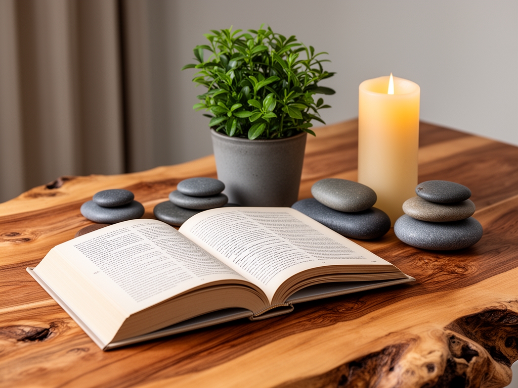 Mirna kompozicija sa otvorenom knjigom, susom biljaka, kamencicima za meditaciju i svecom na prirodnom drvenom stolu