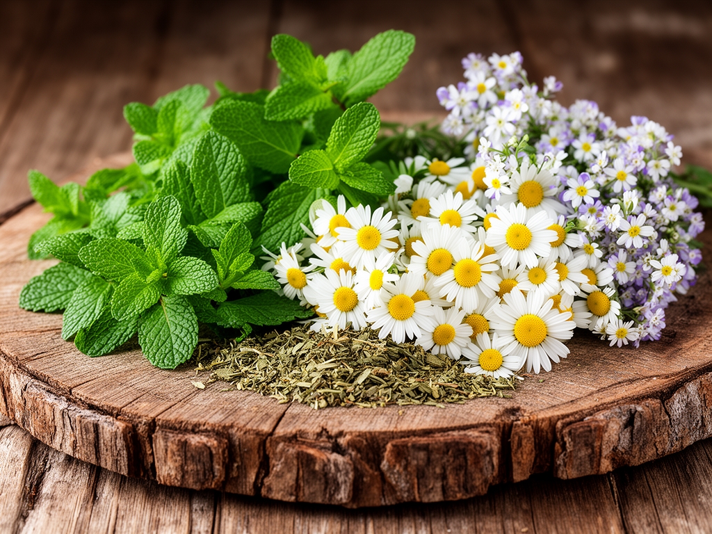 Izbor svezih i suvih lekovitih biljaka na rustikalnoj drvenoj dasci, menta, kamilica, zlfija i majcina dusica u prirodnoj kompoziciji