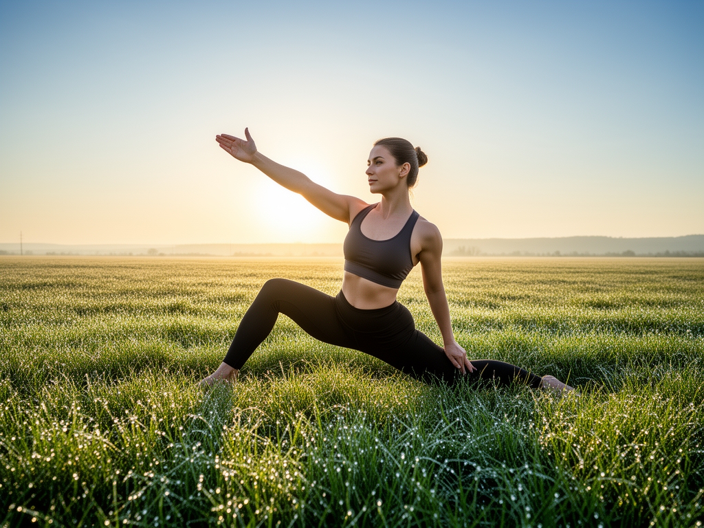 Zena radi jutarnje istezanje na livadi sa rosnom travom, sunce se raza na horizontu, miran i energican pocetak dana u prirodi